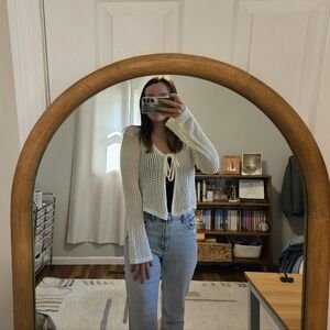 Tie Front Crochet Bell Sleeve Cardigan Sweater in Cream/White